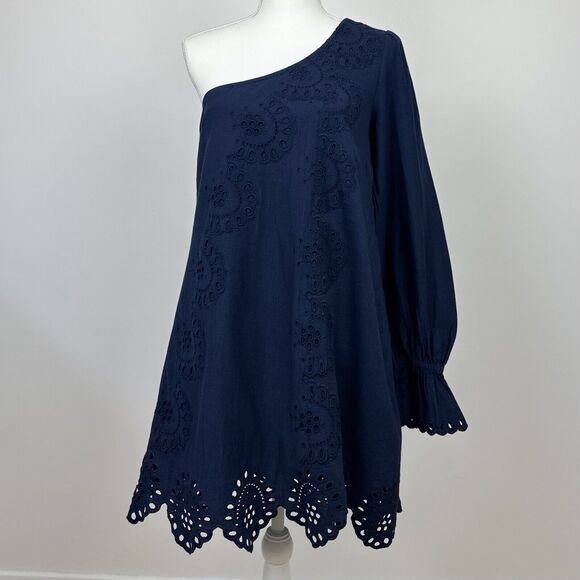 Hill House The Mila Dress Linen Navy Blue Eyelet Mini One Shoulder Small NWT - Picture 5 of 10